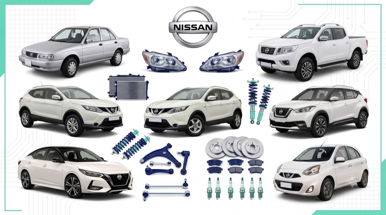 Repuestos Nissan en Chile: V16, Navara, Qashqai, Kicks, Sentra y March junto a focos, radiador, amortiguadores, espirales, bandeja de suspensión, bieletas, discos y pastillas de freno y bujías.