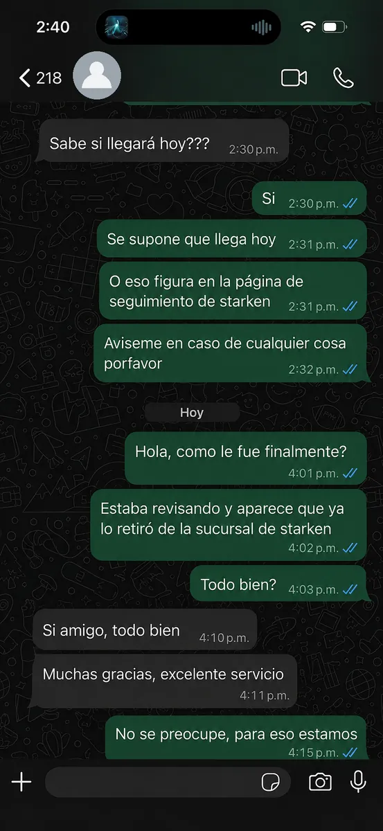 Conversación de WhatsApp: seguimiento del despacho hasta el retiro, el cliente agradece el servicio