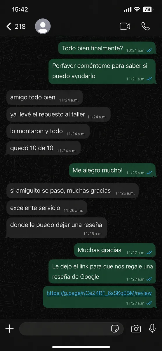 Conversación de WhatsApp: el cliente cuenta que ya instaló el repuesto y quedó 10 de 10